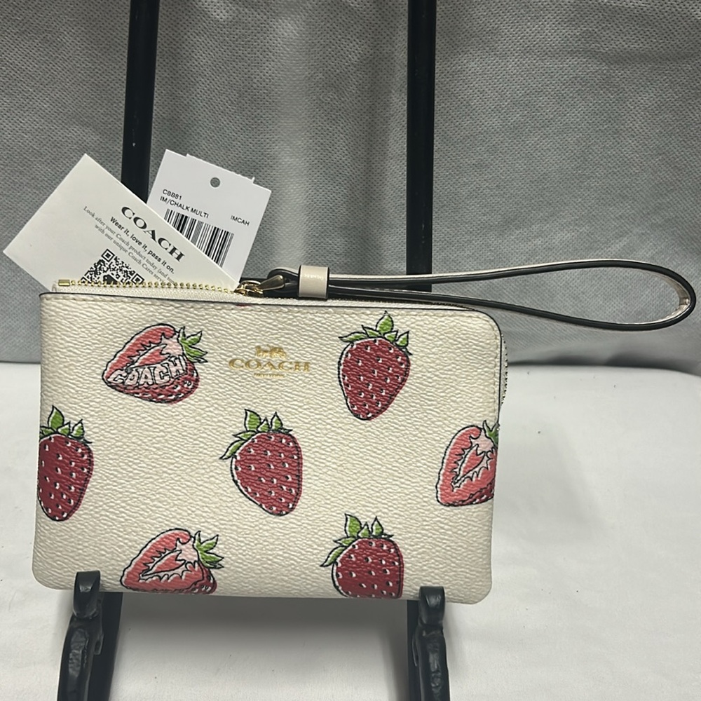 Coach Cream Wristlet with Red Strawberry Print